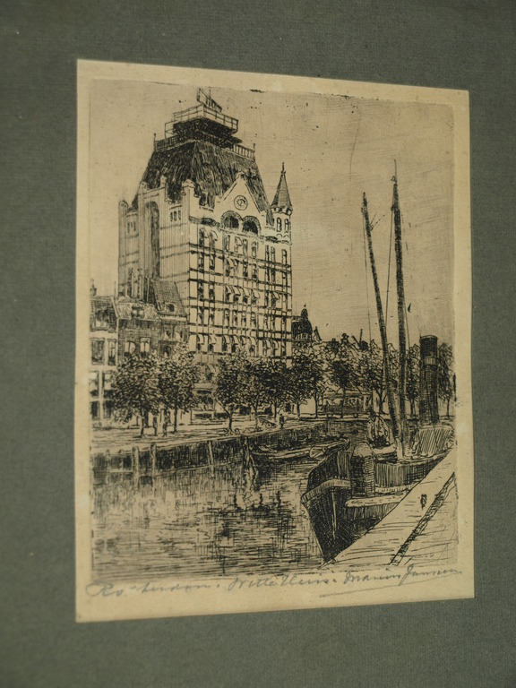 MARIUS JANSSEN  - Ets – Witte huis Rotterdam – Gesigneerd en ingelijst – ca 1925 kopen? Bied vanaf 1!