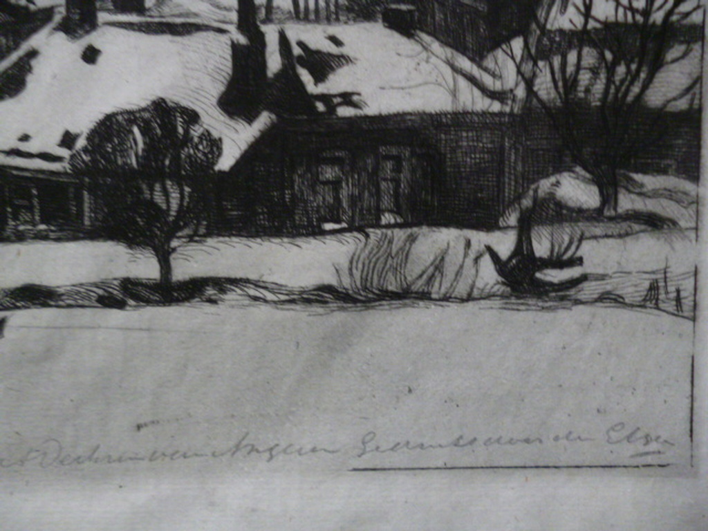 A. Derkzen van Angeren - ets - Besneeuwd landschap met huizen en molen kopen? Bied vanaf 40!