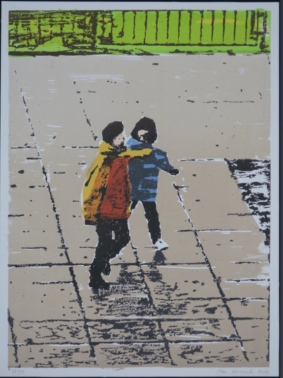 Koen Vermeule: Zeefdruk, Twee figuren (geel/blauw) verkocht voor € 70!