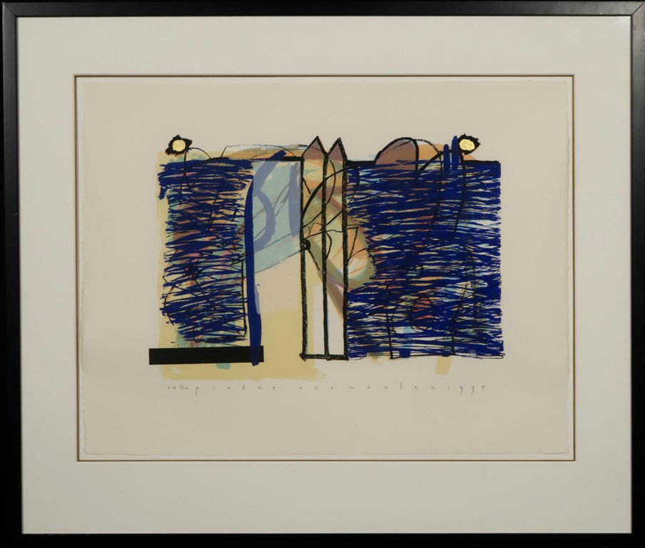 Pieter Vermeulen: Zeefdruk met bladgoud op papier, Zonder titel - Ingelijst verkocht voor € 50!