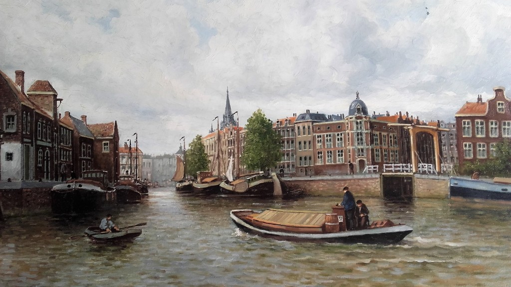 Franciscus Leonardus Corsius - F.L. Corsius, Stadsgezicht met vele boten en personen - Gesigneerd verkocht voor € 1!