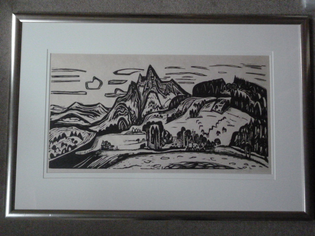 Jan Wiegers - Houtsnede - Berglandschap met huizen en een meer kopen? Bied vanaf 120!