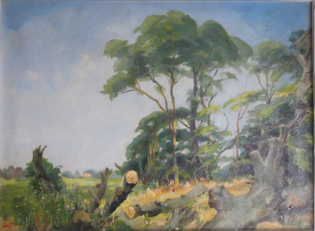 Eelco Leegstra, olieverf op doek, doorkijkje in bos (Naarden?) verkocht voor € 60!