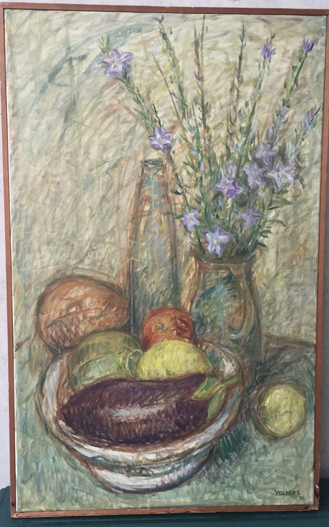 Meinert Volkers - Olieverf op doek 1965 - Stilleven met fruit en campanula’s kopen? Bied vanaf 1!