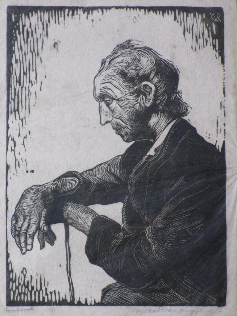 J.Graadt van Roggen, Oude man in rust, Houtsnede kopen? Bied vanaf 75!