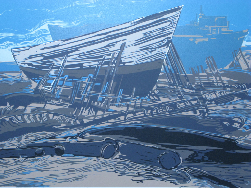 Jan C.A.Michielsen, Scheepswerf, Linoleum druk, gesigneerd, gedateerd. kopen? Bied vanaf 1!