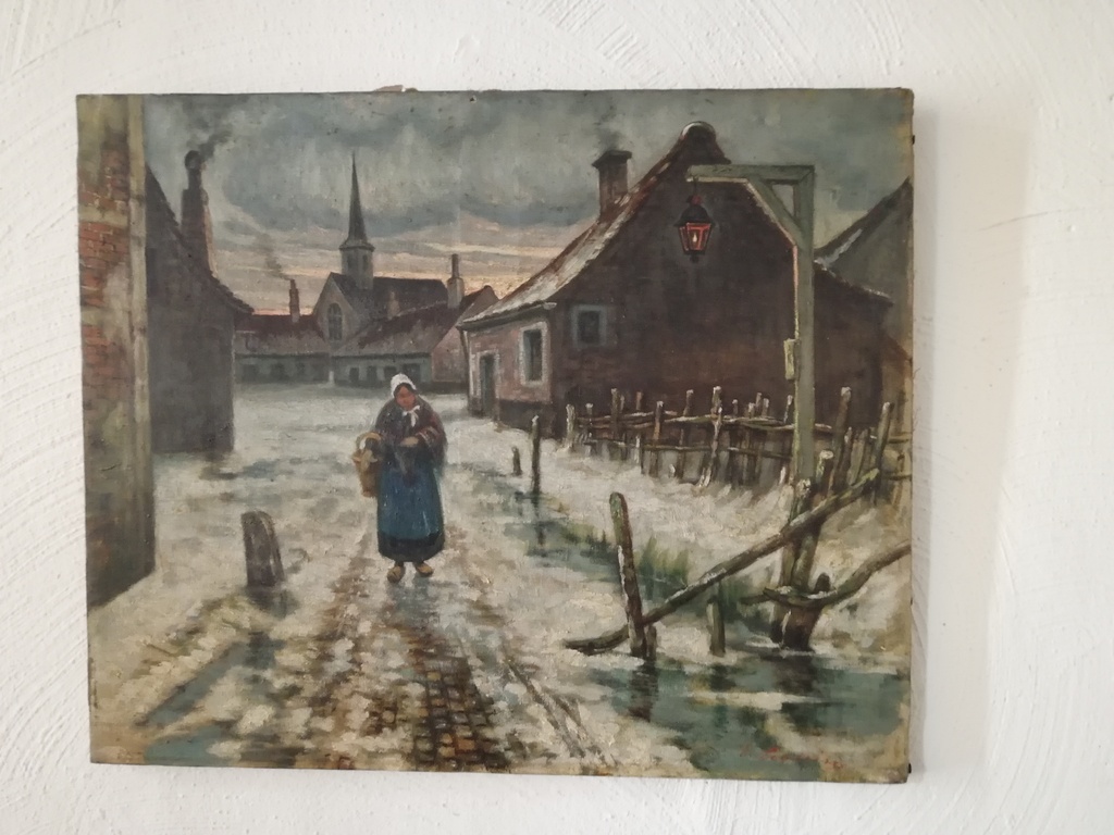 onbekend kunstenaar - olieverf op doek - oude dame in besneeuwd dorp kopen? Bied vanaf 1!