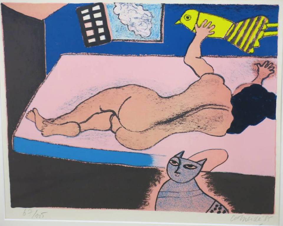 Corneille: Litho, Naakt met vogel en kat - Ingelijst verkocht voor € 250!