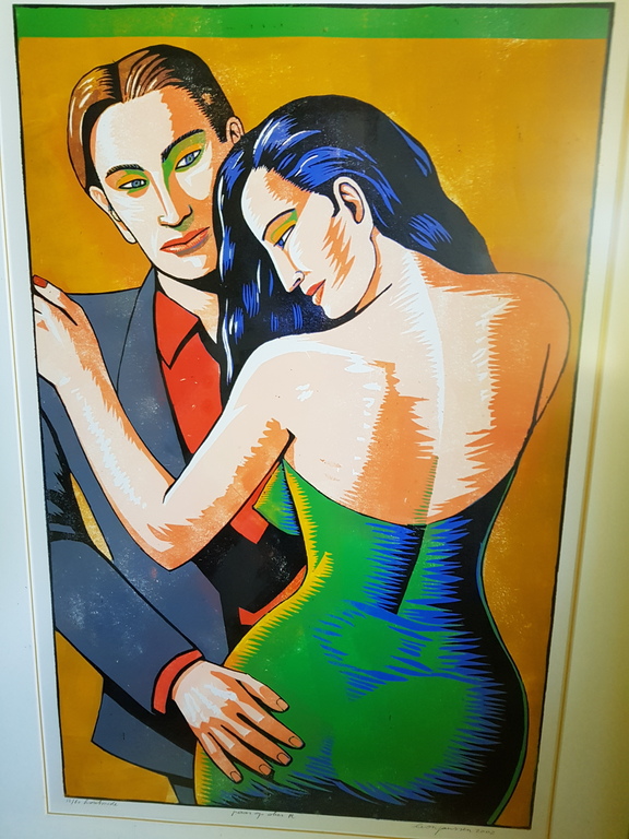 LEON JANSSEN, Houtsnede, Paar op oker links verkocht voor € 170!