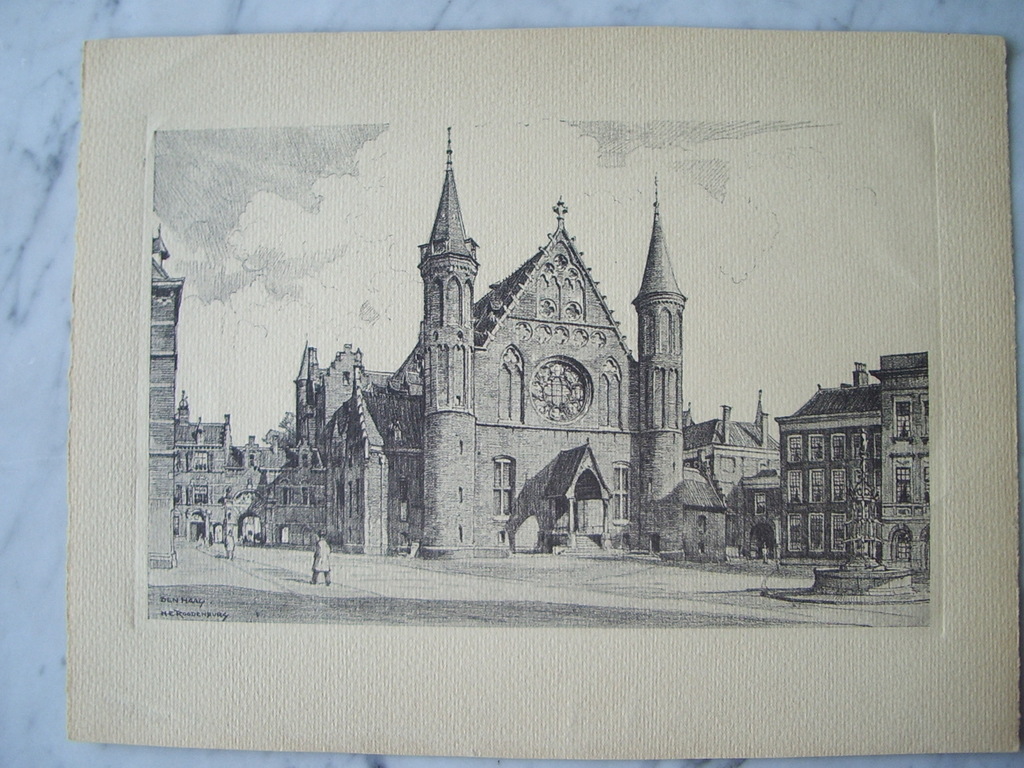 Hendrikus Roodenburg: pracht ets, Binnenhof anno 1930, signering in de plaat kopen? Bied vanaf 1!
