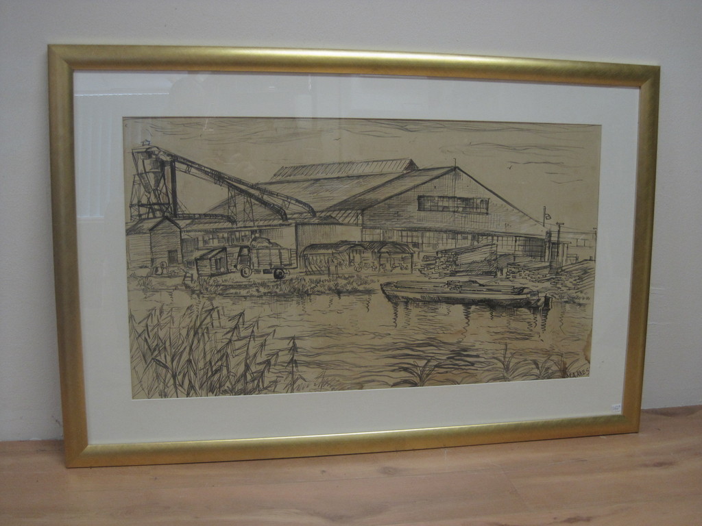 Jan Makkes 1935 - 1999 " Houtwerf " GROTE oostind. tekening ca. 1960 verkocht voor € 35!