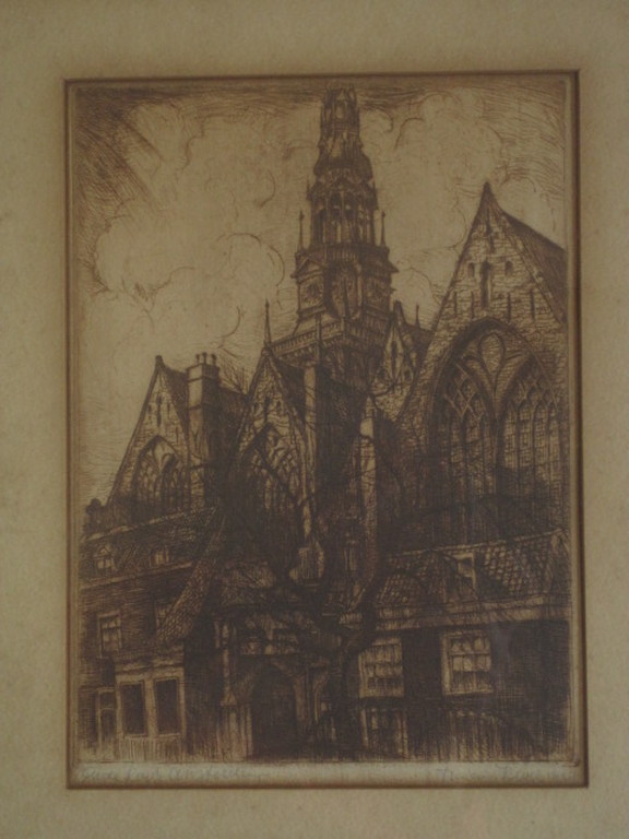 Mooie gesigneerde antieke Ets "Oude Kerk Amsterdam" van Francois J. Kloek  kopen? Bied vanaf 1!