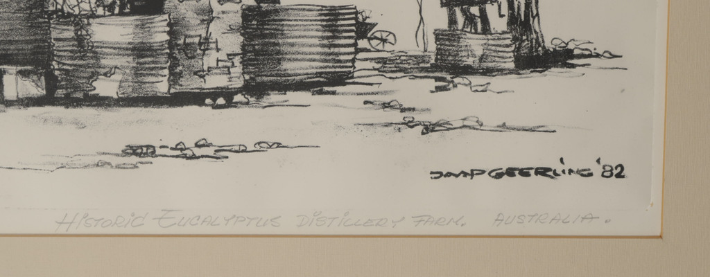 Jaap Geerling: Litho, Historici Eucalyptus distillery farm Australia - Ingelijst kopen? Bied vanaf 1!