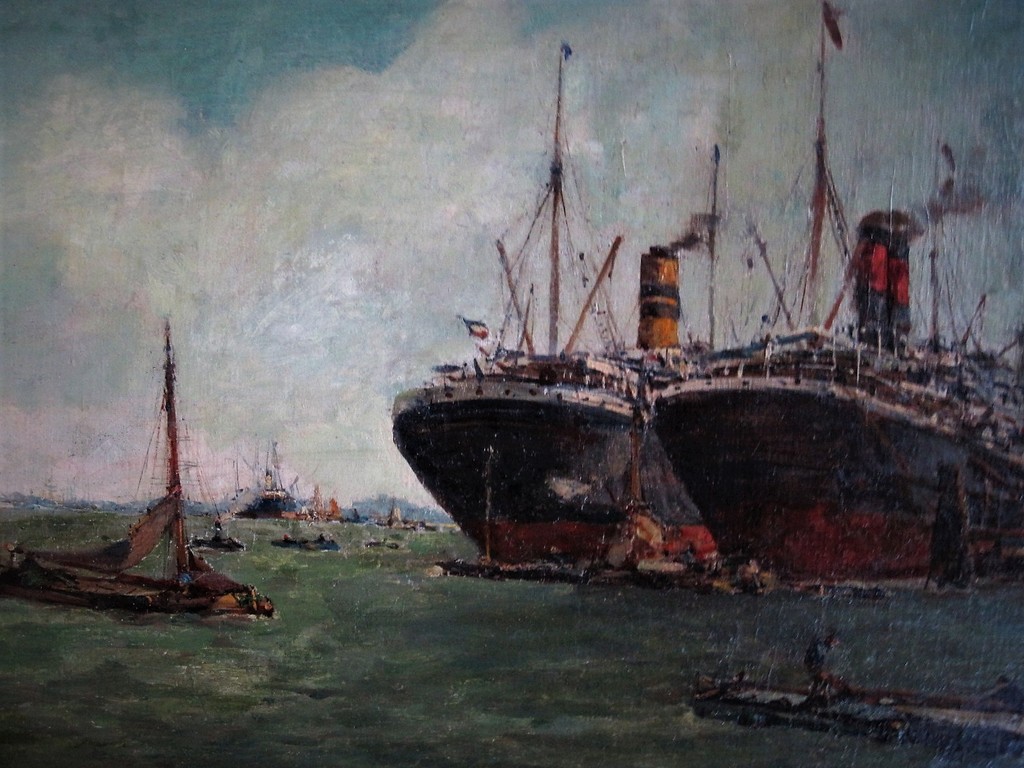 Magnifiek olieverf van Anton Dirckx (1878-1927) "Schepen in haven van Rotterdam" verkocht voor € 220!