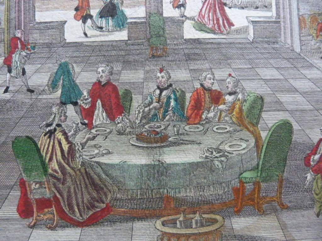 Antieke gravure  -  adelijke ruimte met vele figuren. kopen? Bied vanaf 1!