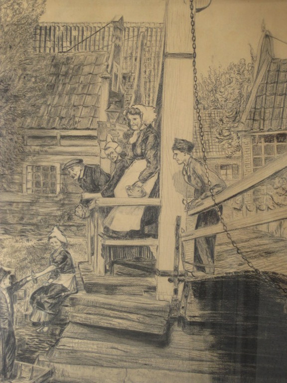 Antieke 1931 houtskooltekening "op een brug in Volendam" gesigneerd  kopen? Bied vanaf 1!