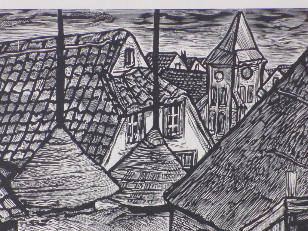 Lou Strik, Dorpsgezicht met hooibergen, Houtsnede kopen? Bied vanaf 1!