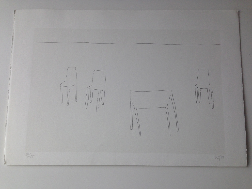 Klaas Gubbels, 1981, gesigneerd, zeefdruk, tafel & stoelen verkocht voor € 95!