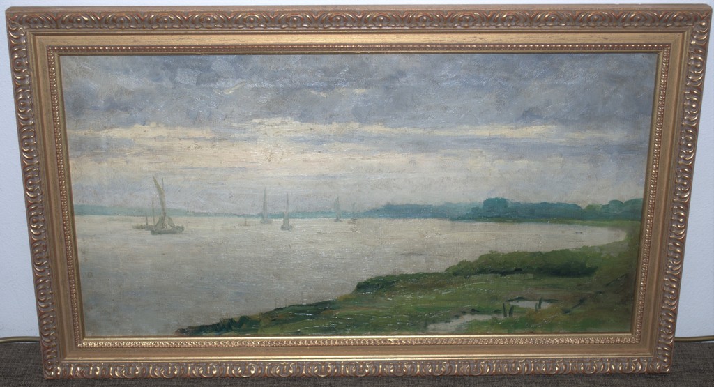 Onbekend olieverfschilderij, zeilbootjes op het water, ca. 1890 verkocht voor € 45!