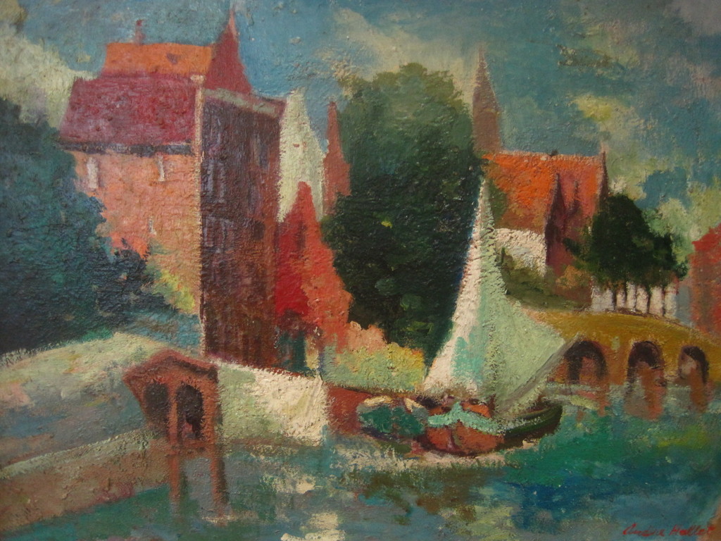 Andre Hallet (1890-1959) "stadsgezicht met gracht en boot" olieverf gesigneerd verkocht voor € 110!