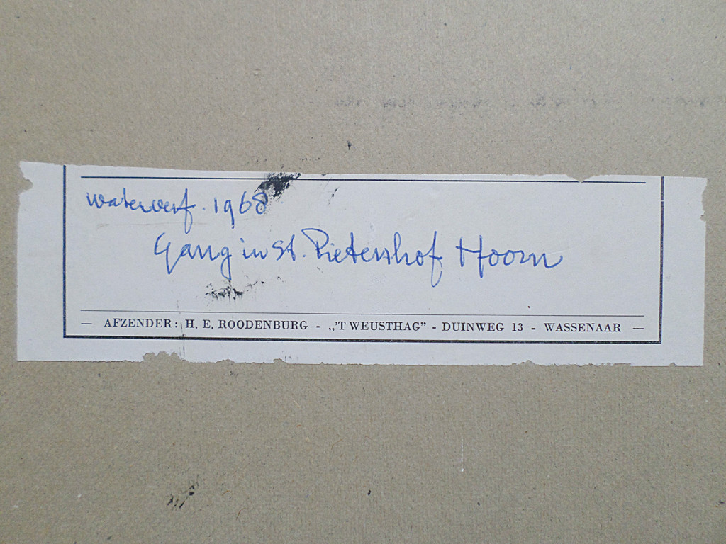 H.E. Roodenburg - St. Pietershof te Hoorn, aquarel (ingelijst) kopen? Bied vanaf 125!