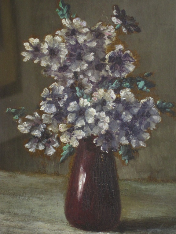Verfijnd olieverf stilleven "Paarse Aubretia in aardewerk vaas" ges.W.Raaphorst  kopen? Bied vanaf 1!