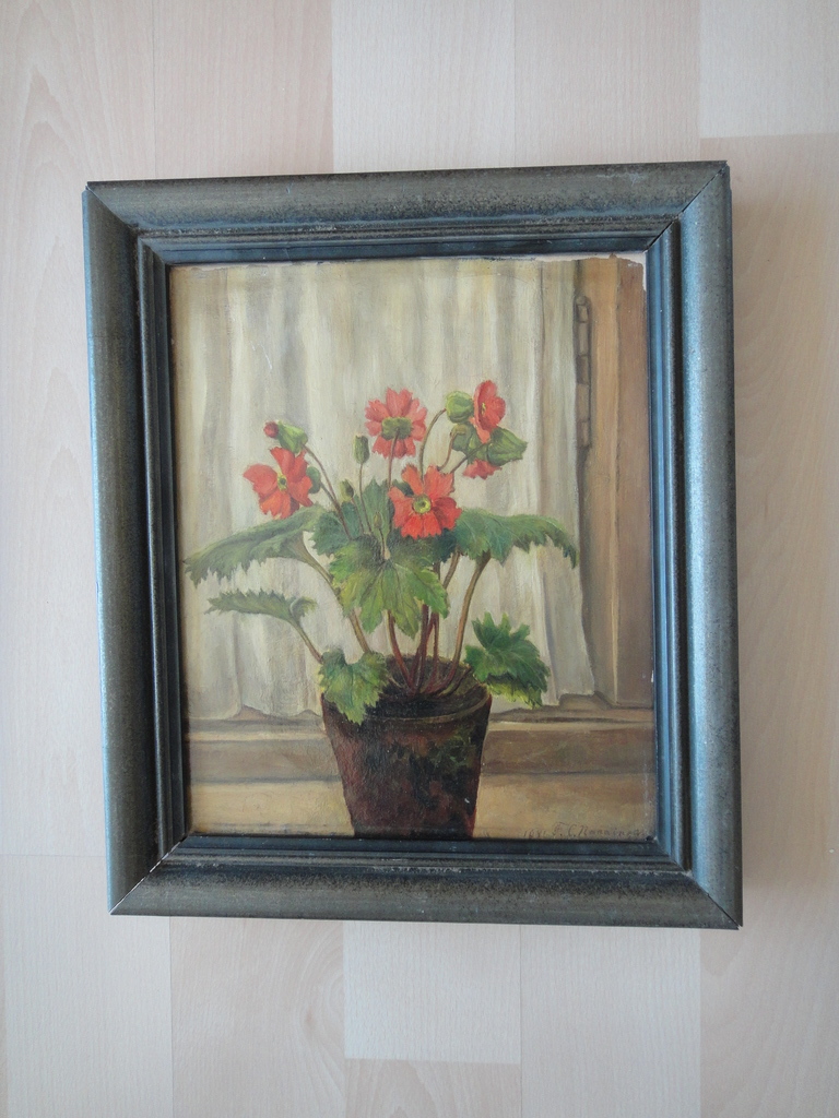 Mien Nanninga, olieverf op doek, bloeiende geranium kopen? Bied vanaf 50!