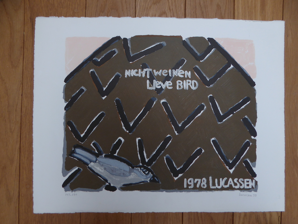 Reinier Lucassen. Litho met de titel: nicht weinen lieve bird. verkocht voor € 65!
