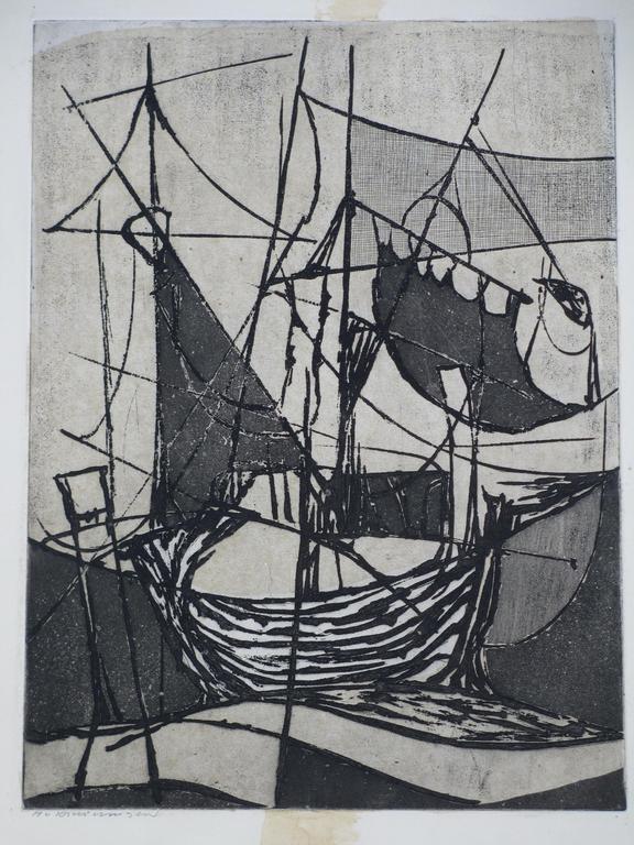 Harry van Kruiningen, Zeilschip op het water, Ets verkocht voor € 50!