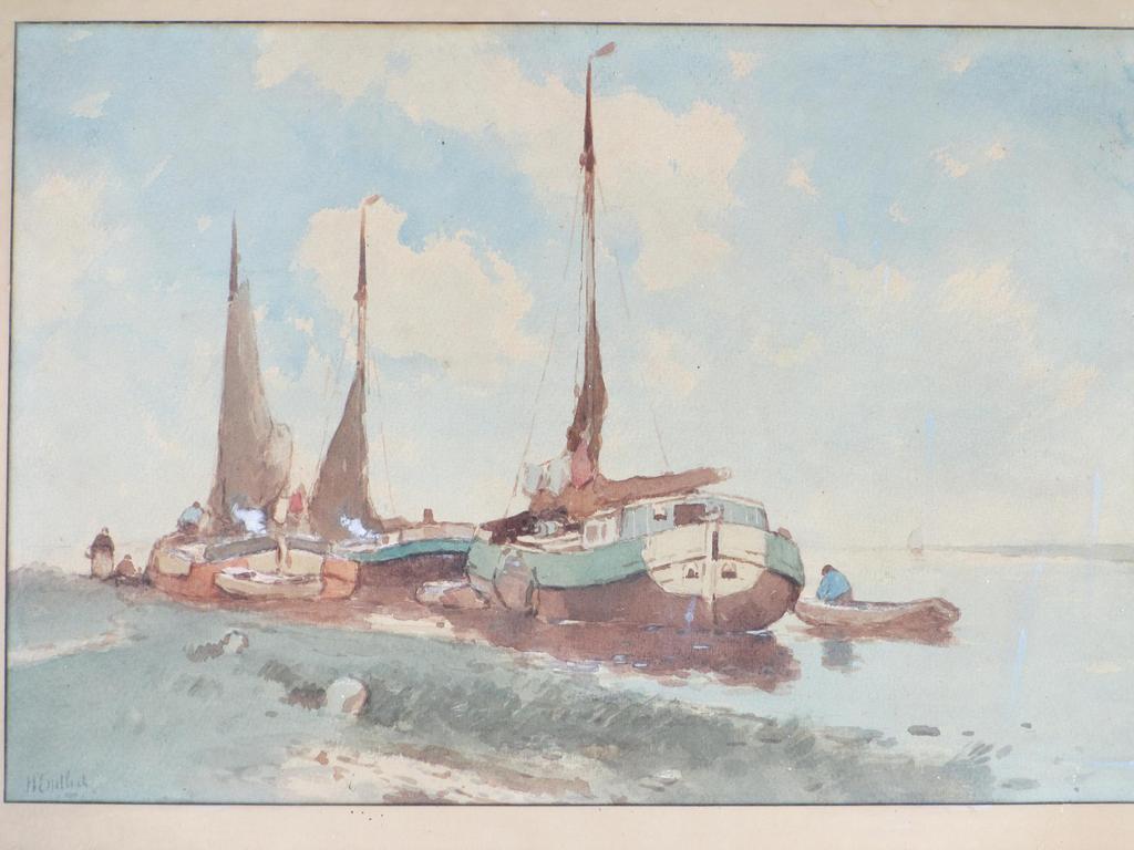 H.Endlich, Schepen aan de oever, Gemengde techniek verkocht voor € 50!