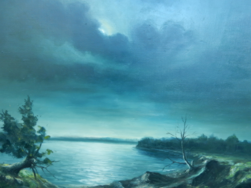 onbekende kunstenaar,vermoedelijk Amerikaan, nacht over het meer,  verkocht voor € 100!