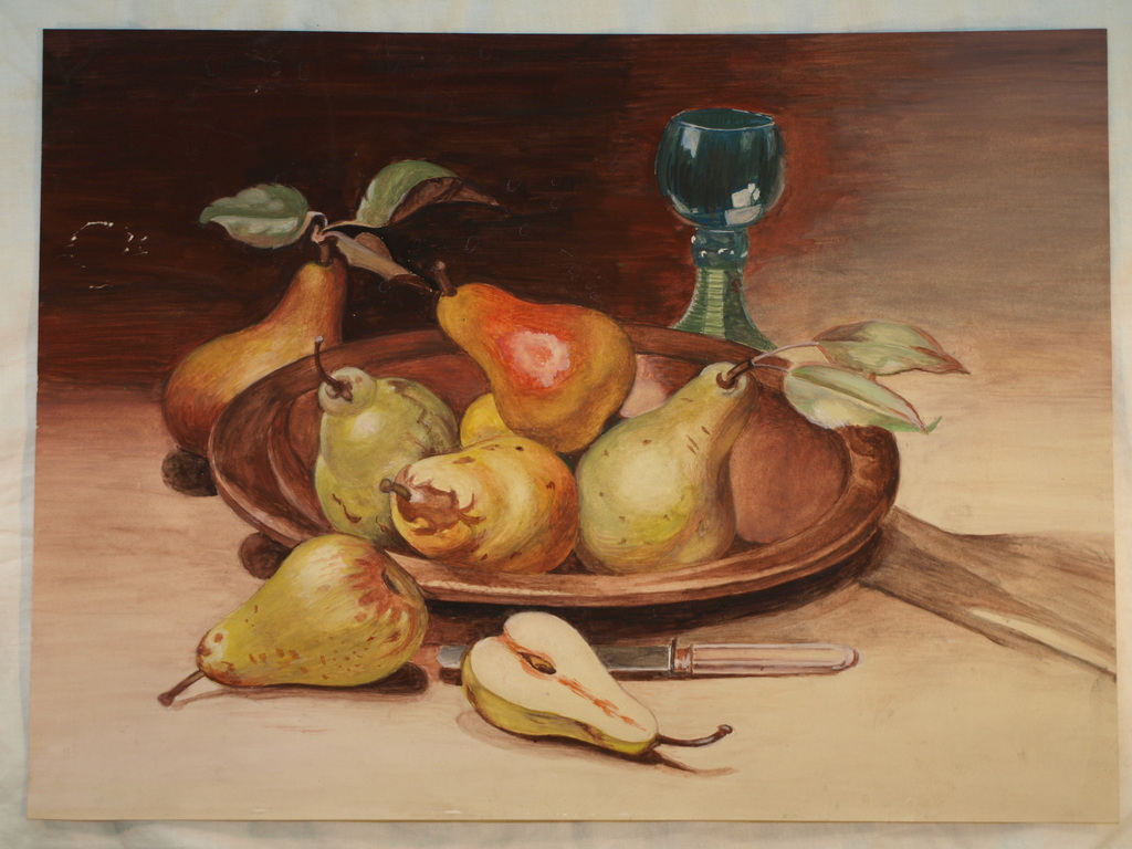Onbekende kunstenaar – Gouache - Stilleven – Fruitschaal met peren + roemer  kopen? Bied vanaf 1!