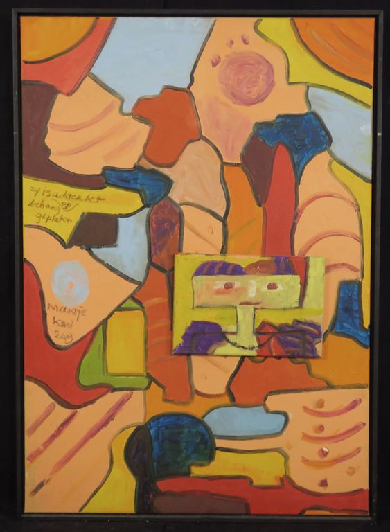 Meertje Kaal: Olieverf en collage op doek, Zij is achter... - Ingelijst (groot) verkocht voor € 65!