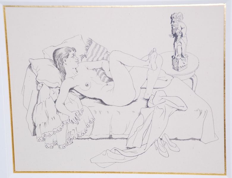 Huib de Ru: Potloodtekening. Naakt op sofa. verkocht voor € 150!