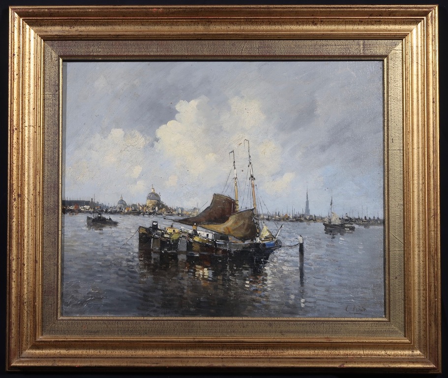 Charles Petit: Olieverf op doek, Afgemeerde platbodems - Ingelijst verkocht voor € 370!