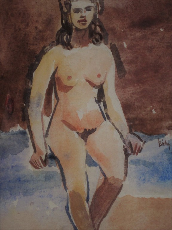 Omstr. 1920 gesigneerd Herman Bieling Rotterdam "de Branding" Aquarel "vr naakt" kopen? Bied vanaf 1!