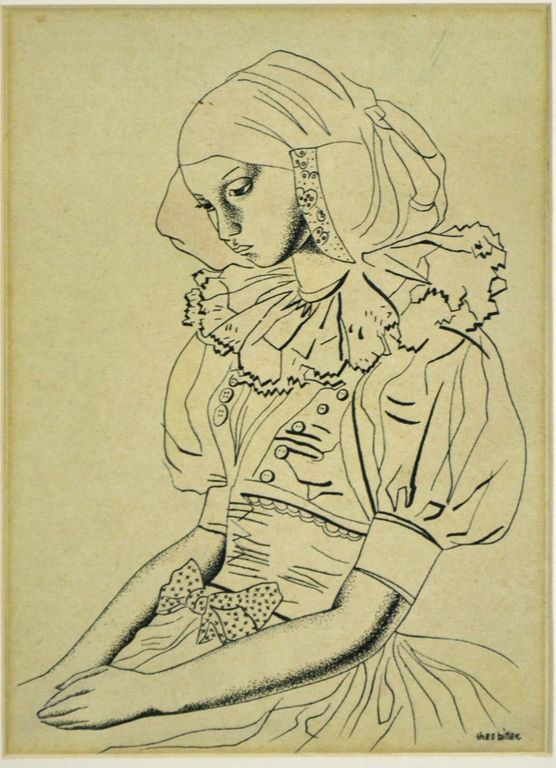 Theo Bitter: Pentekening. Meisje in traditionele kleding kopen? Bied vanaf 70!