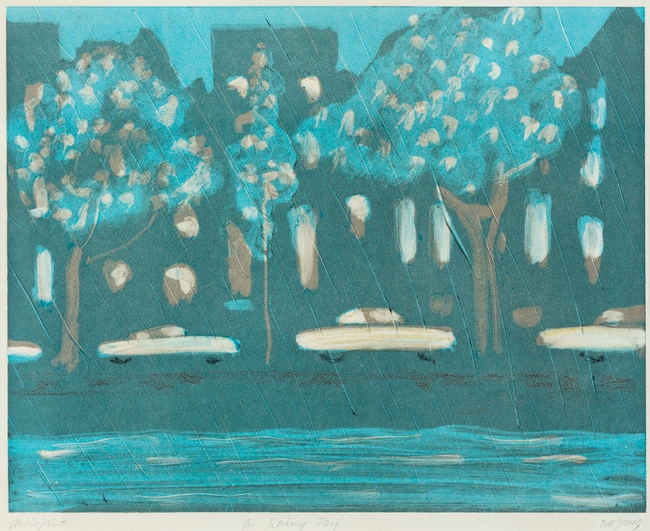 Thom de Jong: Monoprint, A rainy day - Ingelijst verkocht voor € 35!