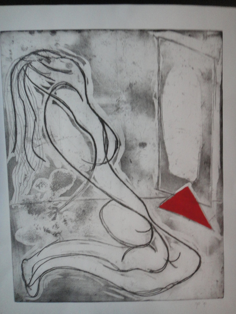 Onbekend, ets, figuratief naakt met rode driehoek kopen? Bied vanaf 1!