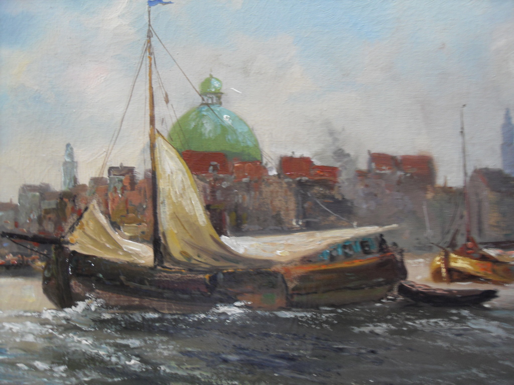 Amsterdam, Vrachtschip bij Koepelkerk vanaf het water, olie doek 40 x 60  verkocht voor € 150!