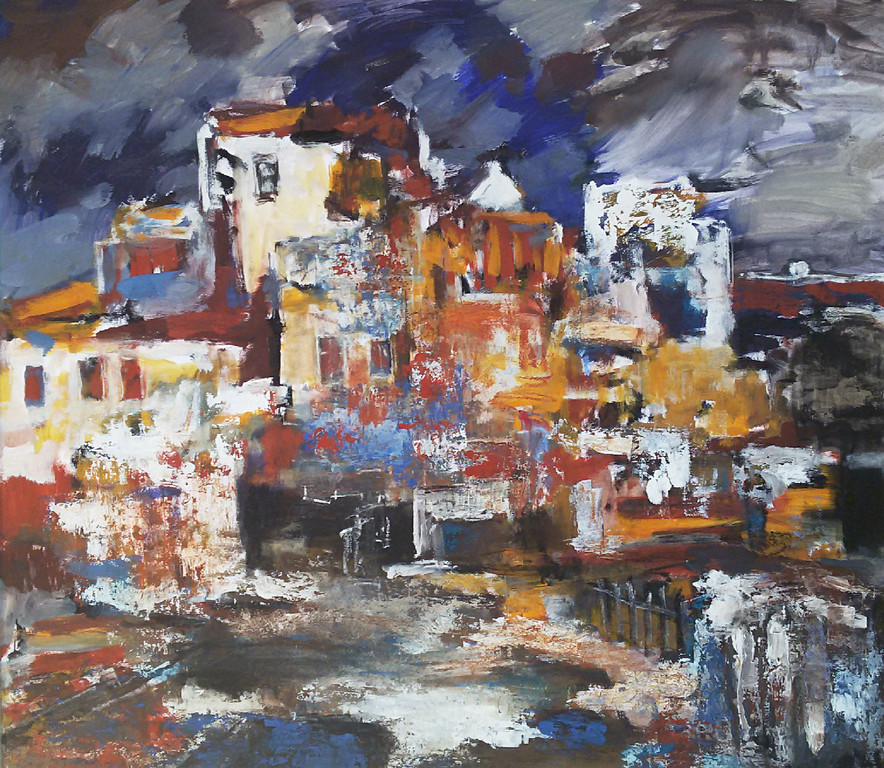 Jelle Hoogstra - Expressionistisch landschap, gem. techniek op board (ingelijst) verkocht voor € 150!