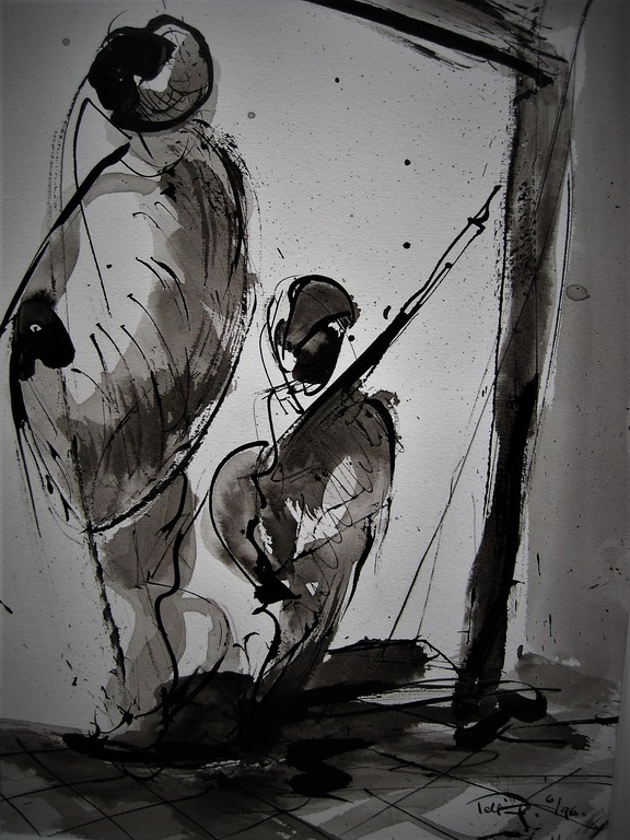 Geëngageerde kunst van Suriname Quintus Telting - Inkt Aquarel gesigneerd  verkocht voor € 50!