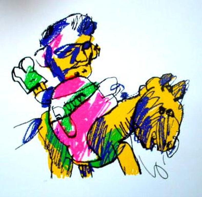 HERMAN BROOD, grote gelimiteerde en handgesign. zeefdruk 'Man op paard' verkocht voor € 95!