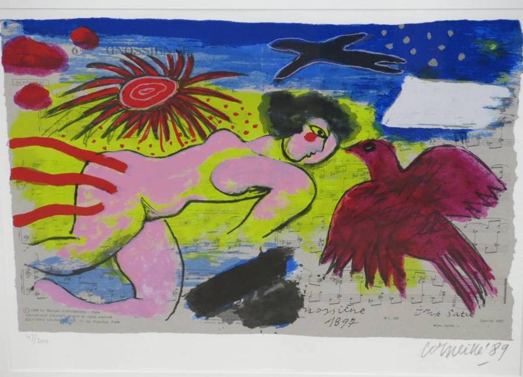 Corneille: Zeefdruk, Vrouw en vogel op muziekblad - Ingelijst verkocht voor € 250!