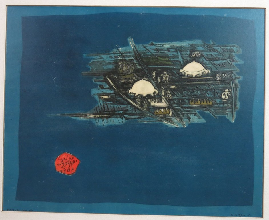 Ru van Rossem: Ets en Reliefdruk op paneel, Blauwe Stad (Acco) - Ingelijst verkocht voor € 60!