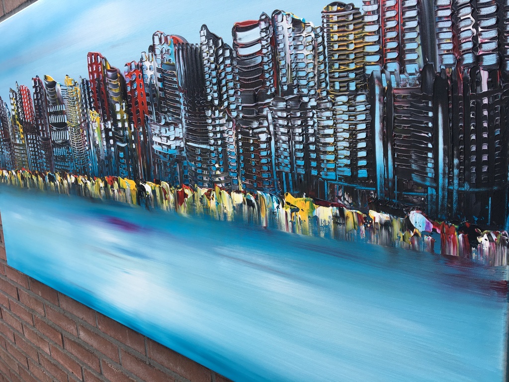 Gena - Skyline city - Gesigneerd - Acrylverf op doek kopen? Bied vanaf 200!