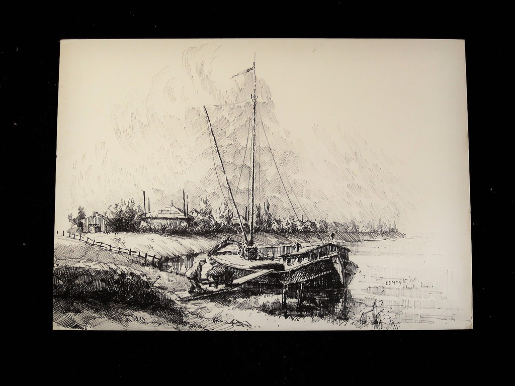 onduidelijk gesigneerde GROTE Litho "beurtschip bij Eemdijk" 1948 "Louis?"   kopen? Bied vanaf 1!