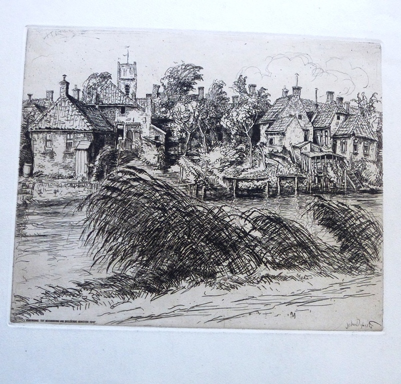 Johan Dijkstra, ets: gezicht op Obergum vanaf Winsum, gesigneerd, 1947 verkocht voor € 75!