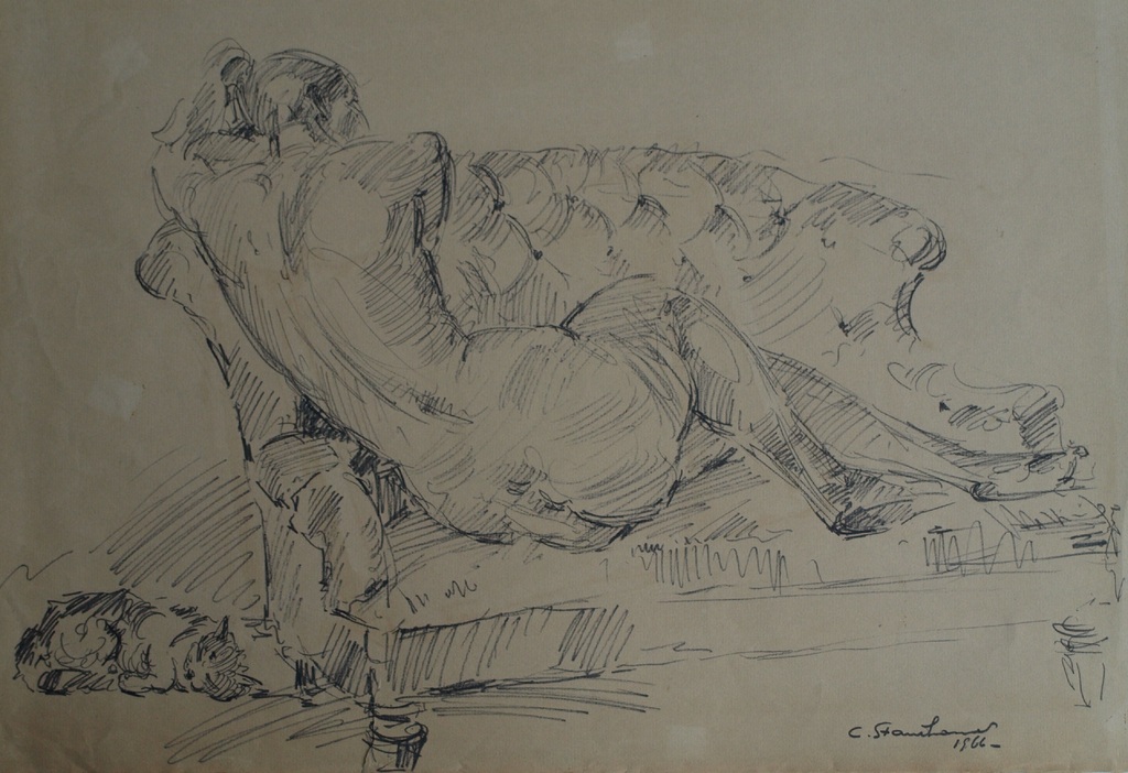 Cephas Stauthamer : Tekening , Naakt op sofa met kat – Gesigneerd – 1966 kopen? Bied vanaf 1!