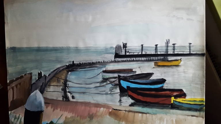 A. Huijsmans-evers: Aquarel, Boten in de haven. kopen? Bied vanaf 1!